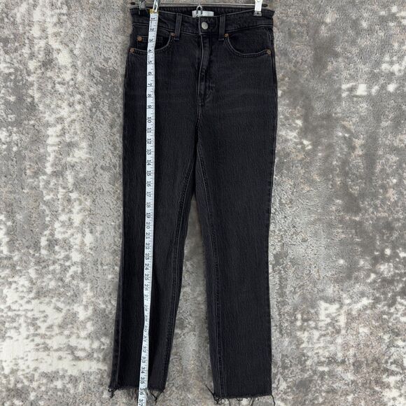 H&M Size 2 Denim Raw Hem Cotton Tapered Jeans Black Button Zip Pockets - Picture 2 of 12